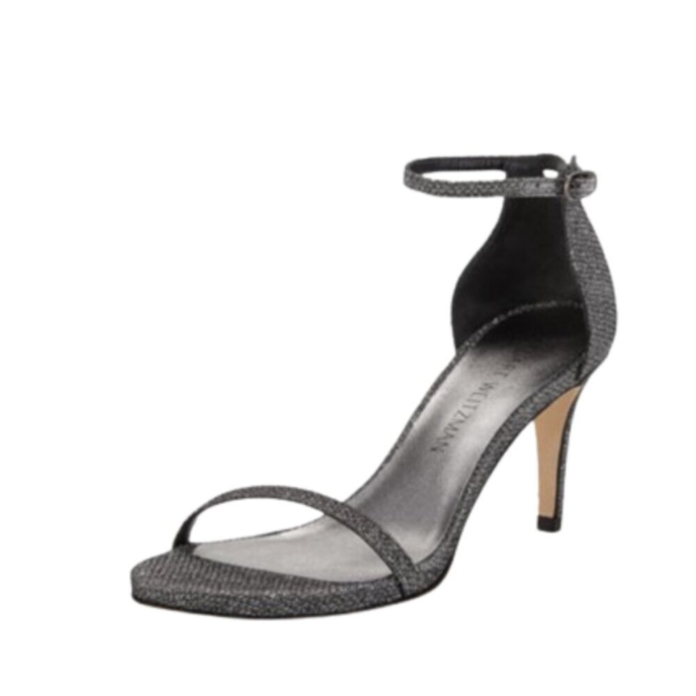 Stuart Weitzman Naked Glitter Sandals Heels Womens 7 Gray Pewter Leather Nudist
